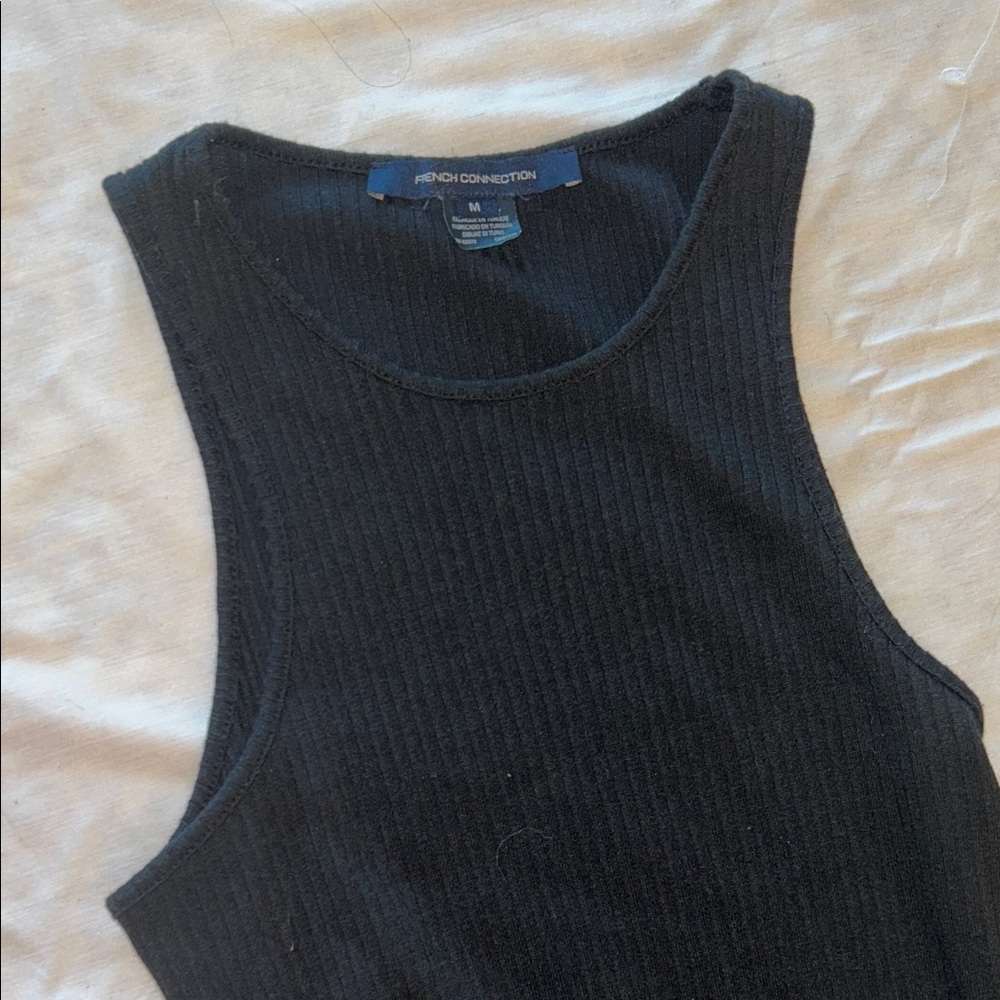 French Connection Women’s Ribbed Black Tank Dress with thigh slit.